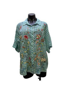 Johnny Was Embroidered Plaid Button-Down Blouse Blue Multi Size L